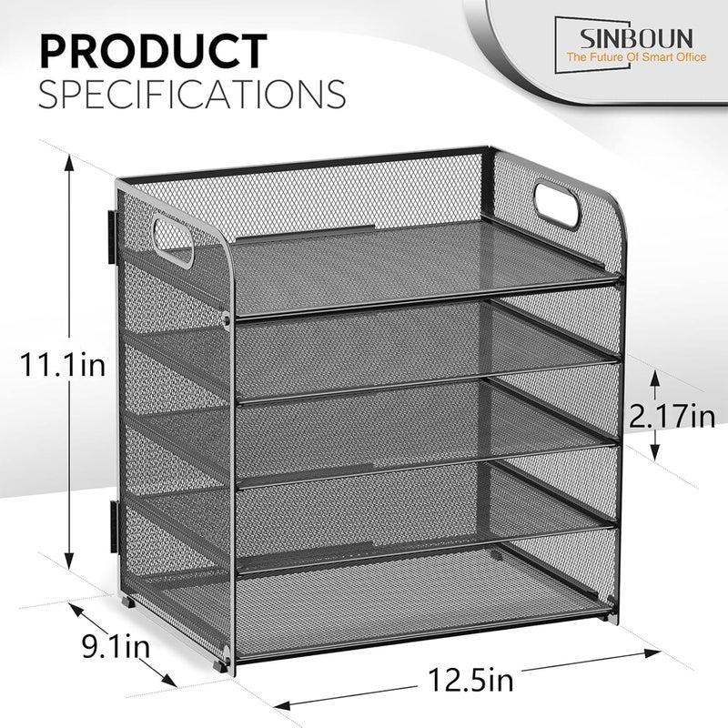 Sinboun Letter Tray Paper Organizer 5-Tier Desk Organizer File Organizer Paper Holder with Handle, Metal Desktop Document Shelf Tray Office Classroom Organization - Black - Image 2